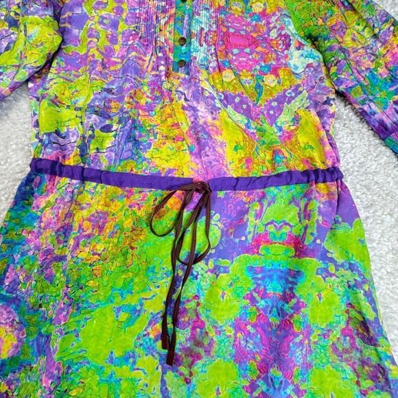 Tibi Silk Half Button Watercolor Dress Tie Waist Purple Green - Picture 8 of 11